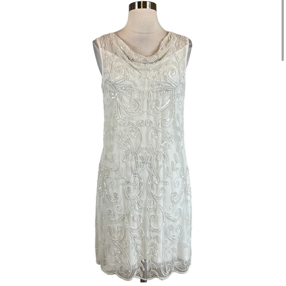 JKara Women's Cocktail Dress Size 12 White Ivory Beaded Sleeveless Sheath